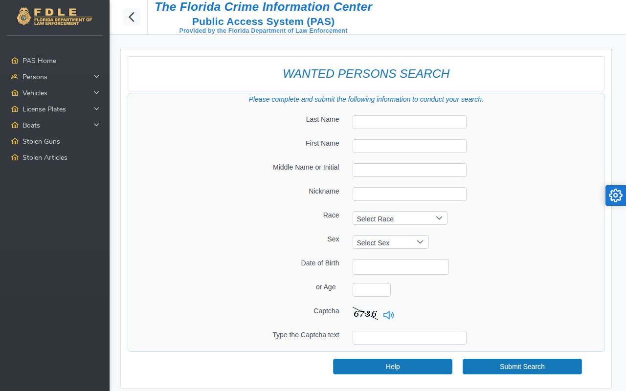 Florida FDLE Wanted Persons search interface