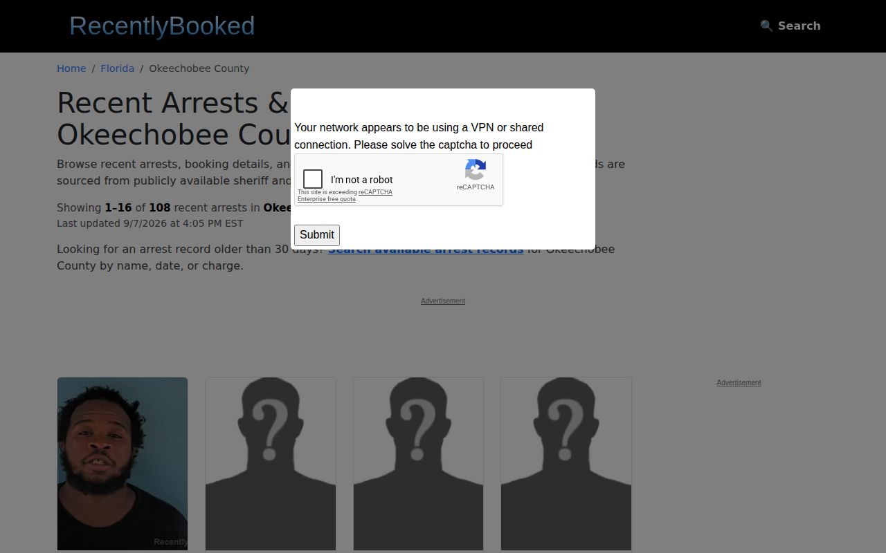 RecentlyBooked Okeechobee County page interface