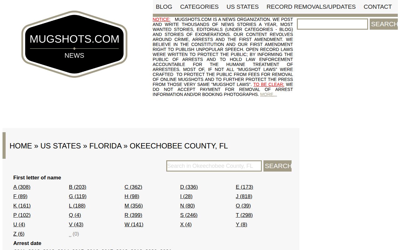 Mugshots.com historical unofficial Okeechobee County arrest archive
